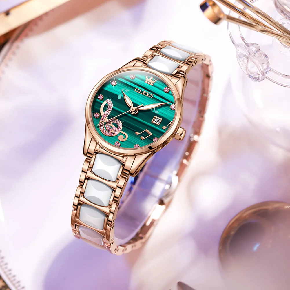 OLEVS Designer Auto Date Quartz Watches Women Luxury Top Brand Ceramic Stainless Steel Diamond Music Ladies Wrist Watch enlarge