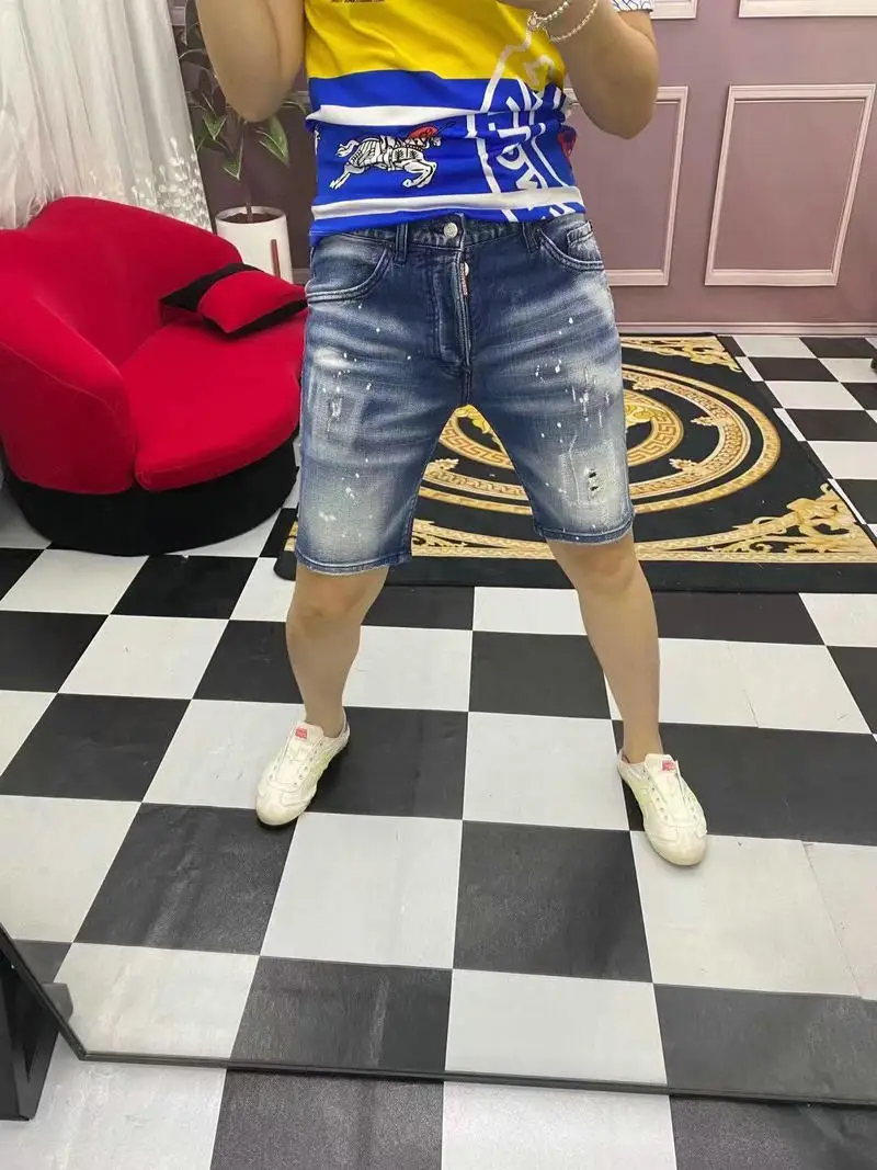

Мужские джинсовые шорты Dsquared2, узкие эластичные шорты с дырками, лето 2021