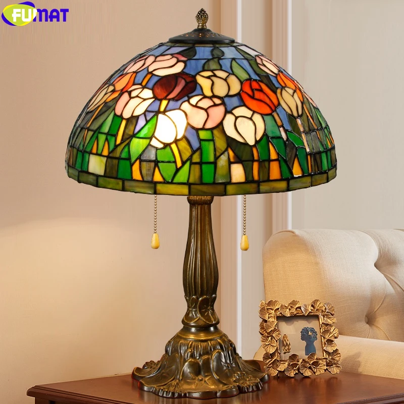 

FUMAT 16" Tiffany Style Table Light Tulip Stained Glass Flower Desk Lamp Colorful Antique Classical Handcraft Art Decor Lighting