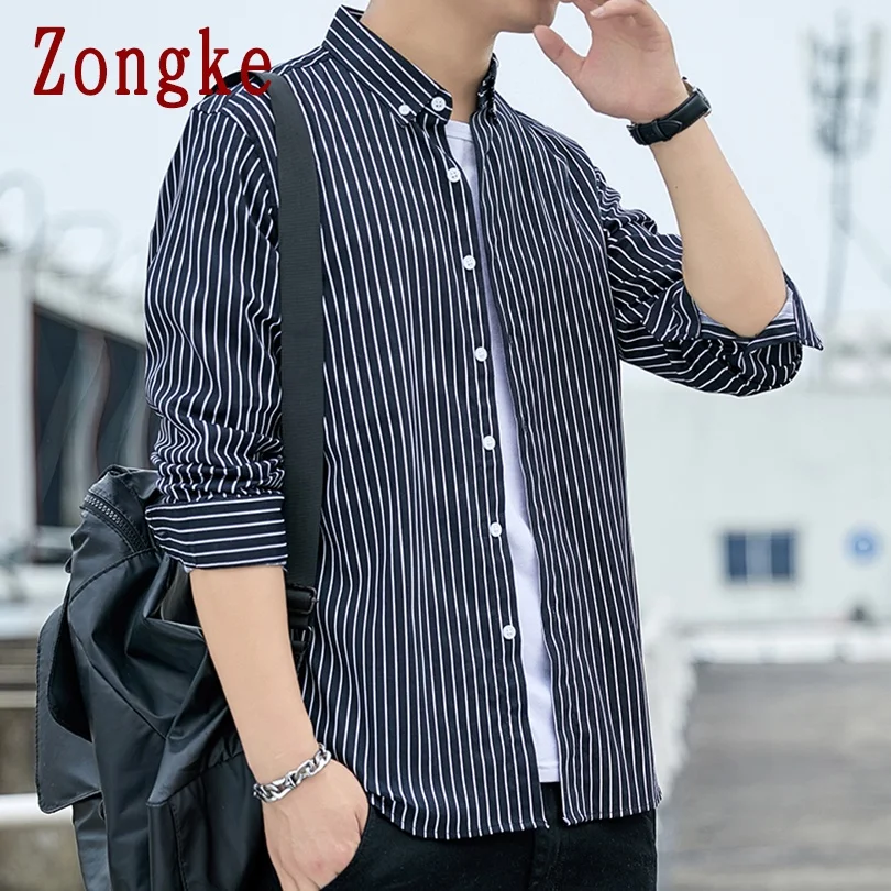 

Zongke Casual Shirts For Men Clothing 2021 Fashion Streetwear Men Shirt Striped White Button Up Long Sleeve Shirt Men M-5XL