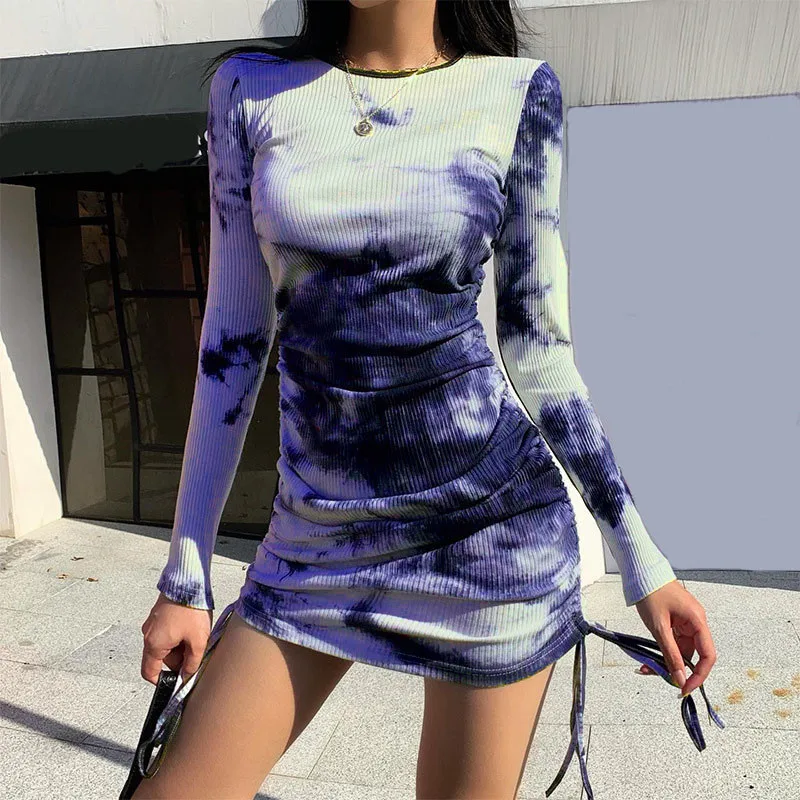 

Autumn 2020 European and American Fashion Sexy Tie-dye Printed Long-sleeved Pleated Dress Women's Long Sleeve Dress