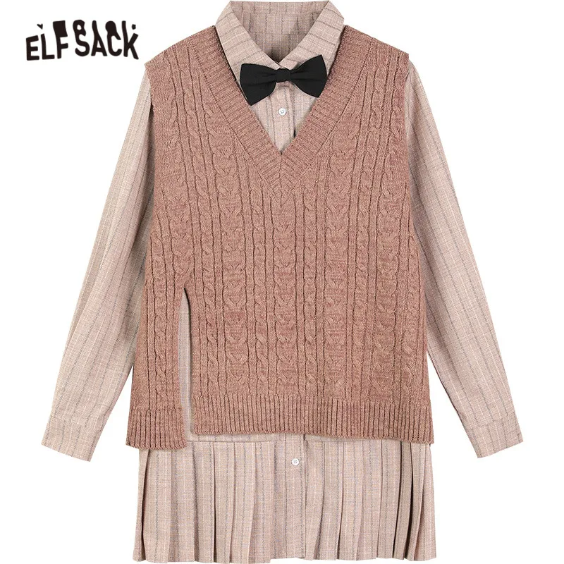 

ELFSACK Solid Bows Front Knitted Casual Preppy Mini Dresses Women,2021 Spring ELF Vintage High Wasit Ladies Daily 2-IN-1Dress