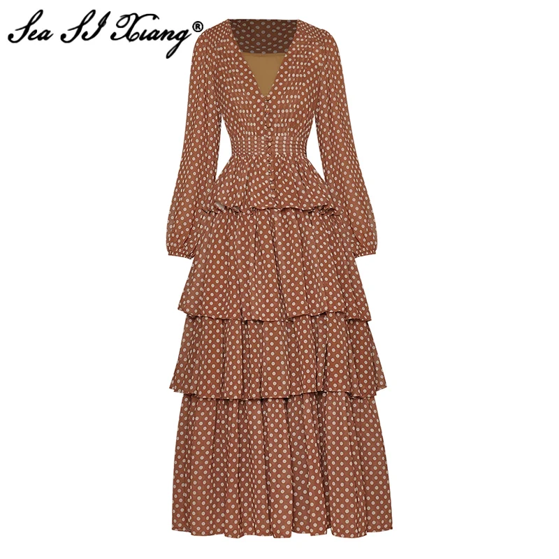 

Seasixiang Fashion Designer Early Autumn Dress Women V-Neck Lantern Sleeve Ruffles Dot Print Long Dresses