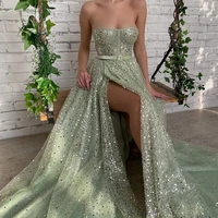 sparkle green evening dresses long 2022 luxury sweetheart a line prom gowns simple split strapless party dress robes de soiree
