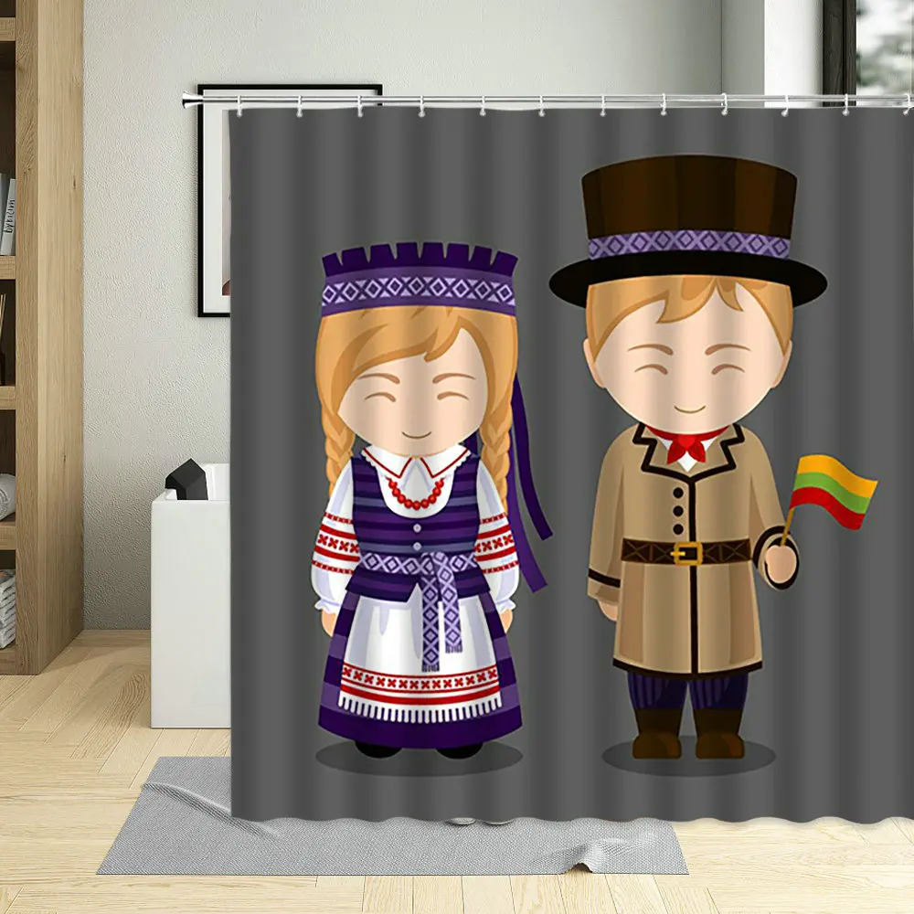 

Ethnic Style Bathroom Curtains Retro Couple Abstract Soul Mates Printing Shower Curtain Polyester Fabric Bathtub Decor With Hook