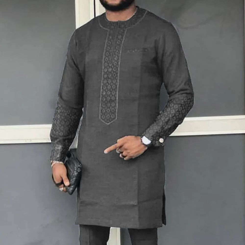 

Islamic Spring And Autumn Gray Loose Ordinary Cotton Stand-up Collar Kaftan Men's Shirt Summer Long Sleeve Tops African Mid-leng