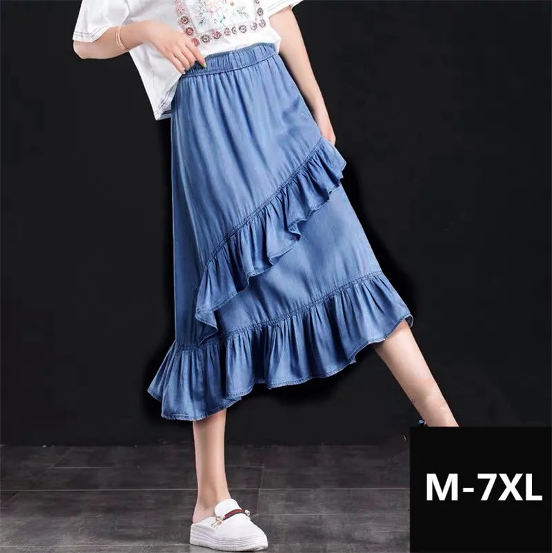 

2022 Summer Denim Skirts Ruffles Asymmetrical Elegant Midi Skirt black blue High Waist Autunm cotton skirts M-2XL