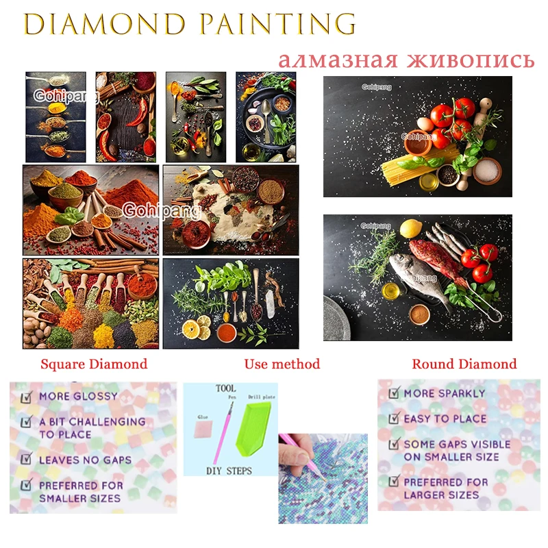 

Diamond Painting Kitchen Supplies Food Fruit and Seasoning Cross Stitch Kits Rhinestones Square or Round Diamond Home Decoration