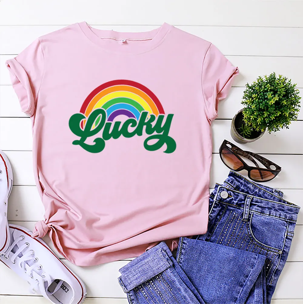 

2021 Summer T-shirt Oversized Women's T-shirt Rainbow Lucky Print T-Shirt O-neck Short Sleeve T-shirt 100% Cotton Women Tops Tee
