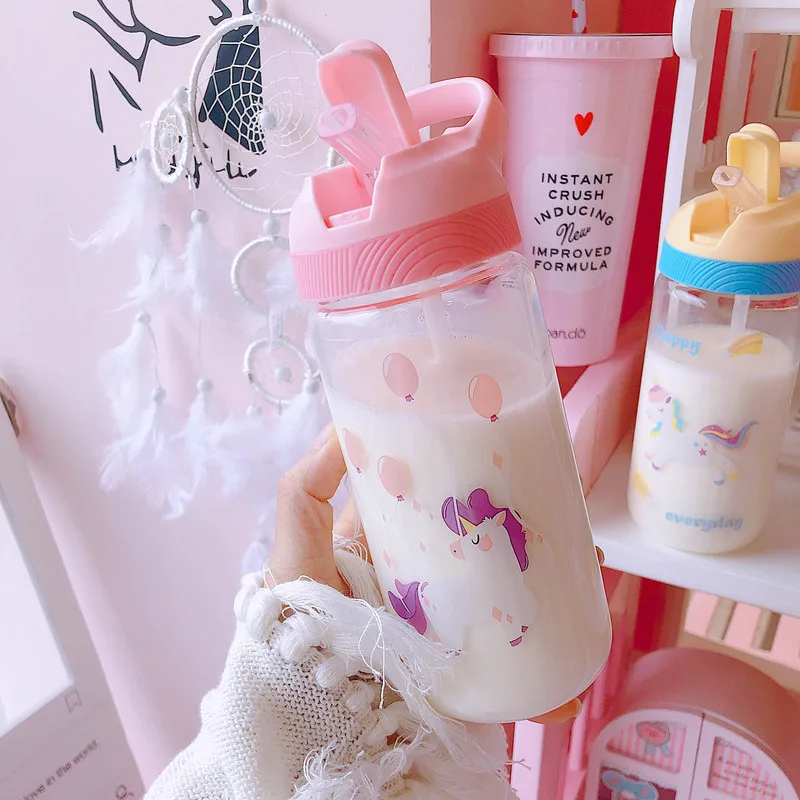 Новинка 500 мл милая мультяшная стеклянная бутылка для воды с единорогом и