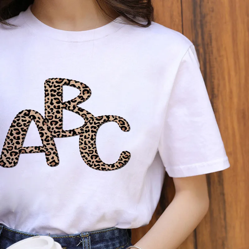 

2021 New Fashion Tshirt Leopard Print Letters Printed Tshirt Ulzzang Harajuku Short Sleeve Female Hipster T-Shirt