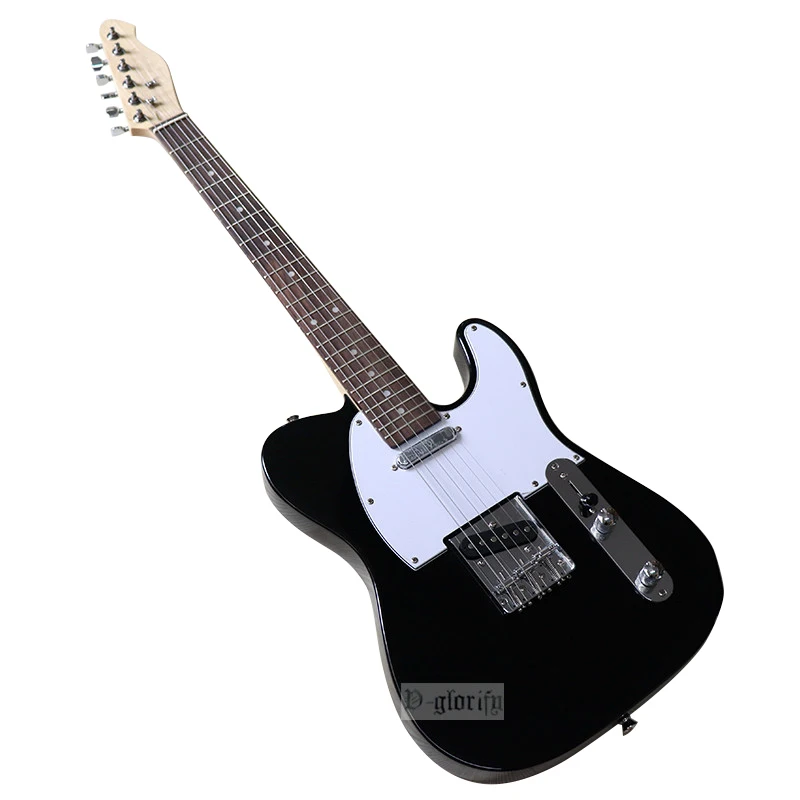 

High Gloss TL Electric Guitar Black Full Solid Basswood Body 6 Strings Guitar 39 Inch 22 Frets with White Pickguard & Trust Rod