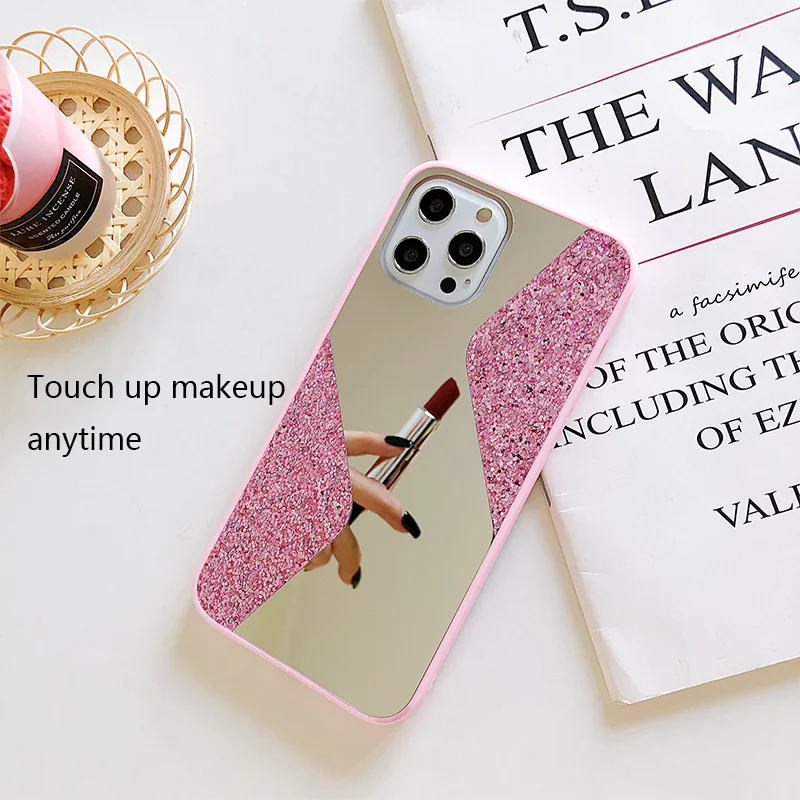 

Luxury Makeup Mirror Pink Diamond Crystal Phone Case For IPhone 12 Pro Max 11 X XS XR Plus Sexy Glitter Bling SoftCover Fundas