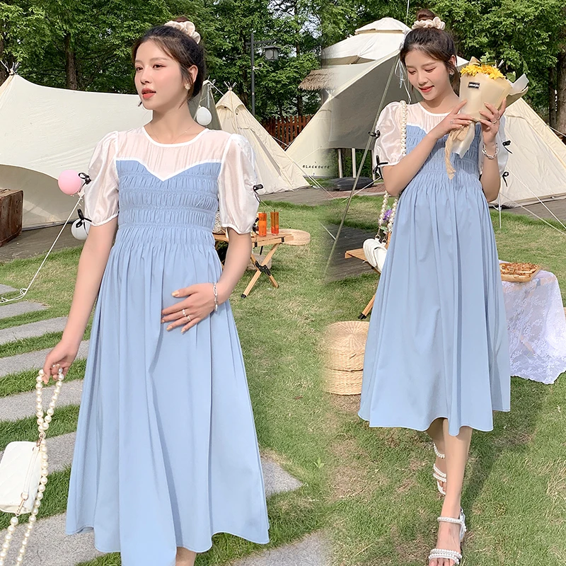 

663# Summer Korean Fashion Maternity Long Dress Elegant Patchwork A Line Clothes for Pregnant Women Lovely Pregnancy Party Dress