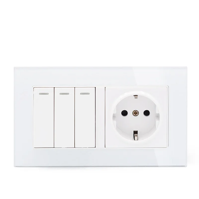 

146 German Wall socket European standard socket 3 gang 3 way EU switch Toughened glass panel