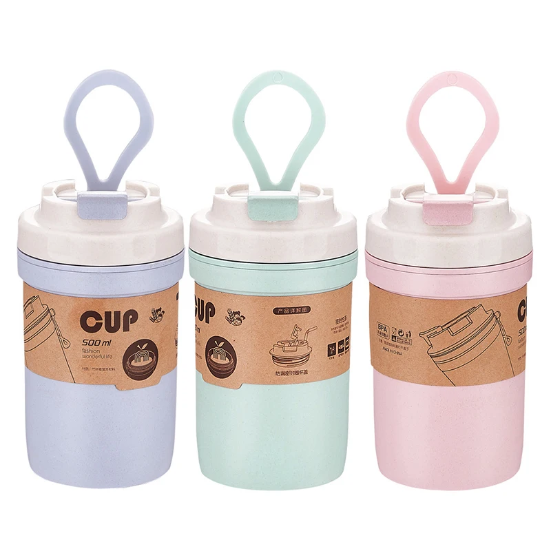 

650ML Hot Sale Portable Water Bottles Inner Straw High Temperature Resistant Couple Water Cups Student Convenient Handle Cups