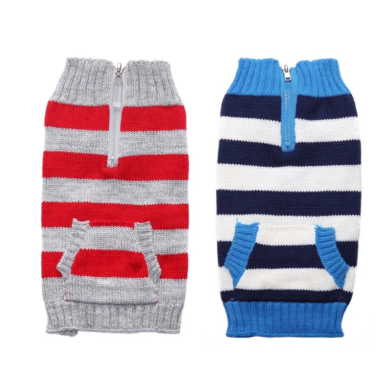 Красная и синяя одежда для собак полосатый свитер кошек вязаная с карманами