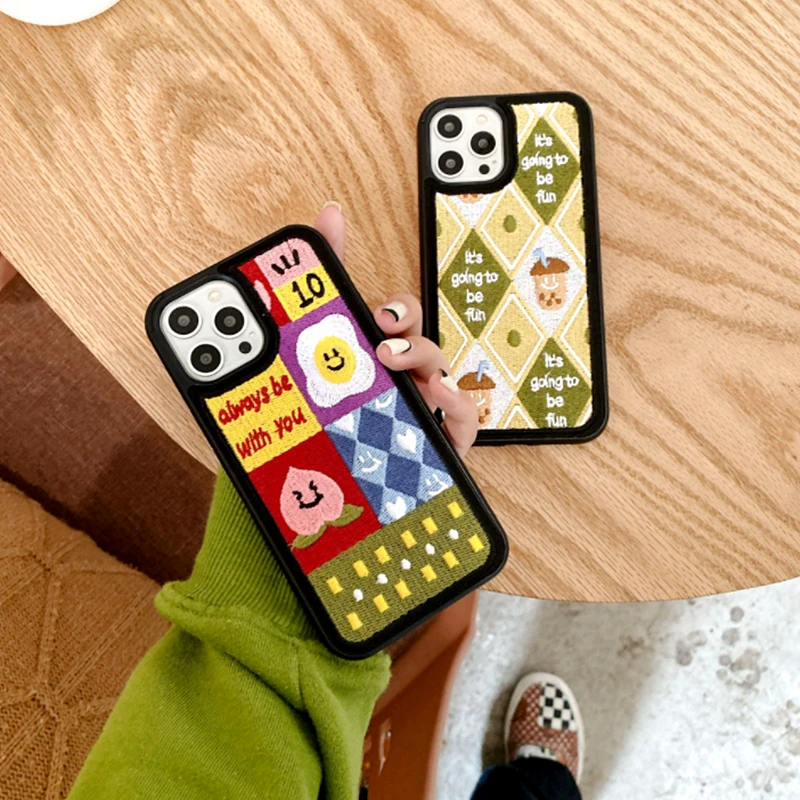 

Cute Milk tea Embroidery Case For iPhone 12Pro Max Case 11 Pro XS MAX XR 7 8Plus 3D Cartoon lattice Peach Matte Soft Phone Cover