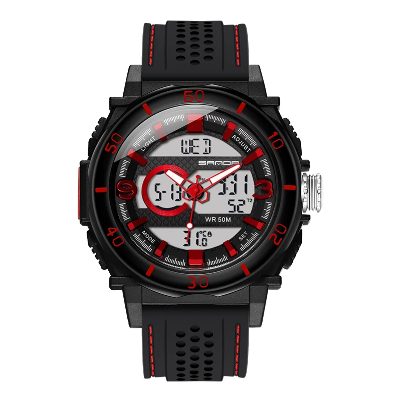 Black Red SANDA, новинка, спортивные часы для мужчин, Лидирующий бренд, 50 м, водонепроницаемые, военные, кварцевые, цифровые наручные часы для мужчин, s, повседневные часы, relogio masculino - Цвет: Black Red