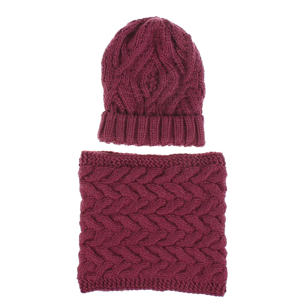 WELROG Winter Beanie Hat and Scarf Set for Women Autumn Casual Hat Ring Scarves Hat Knit Skullies Beanies Hats for Girls - Цвет: Бургундия