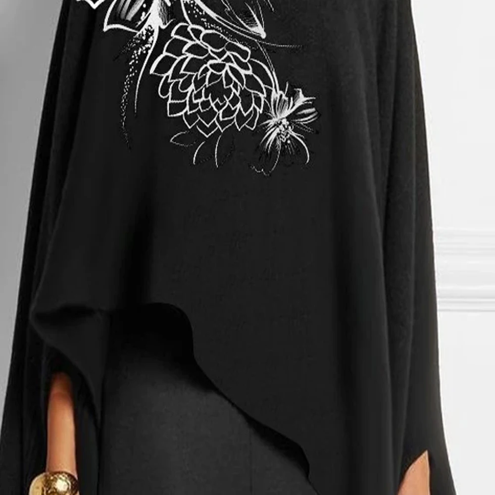 

2020 New Arrival Irregular Floral Printed Loose T Shirts For Women Black-White Batwing Sleeve O Neck Casual Tops Tees