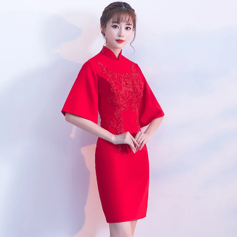 Для женщин красного цвета для невесты Cheongsam вечерние свадебное платье Qipao модный