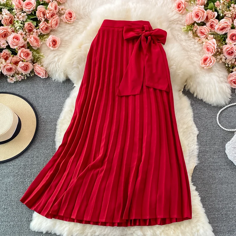 

Женская плиссированная юбка средней длины, красная элегантная Свободная юбка с высокой талией, драпированная драпировкой, в винтажном стил...