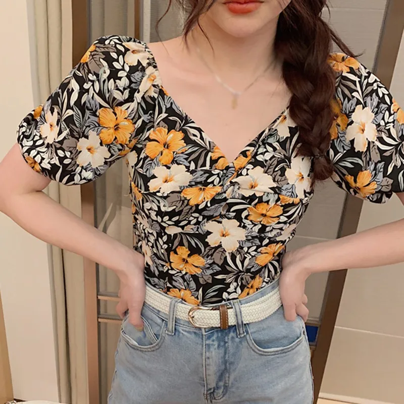 

Chiffon Shirt Sweet Girls Blouse Fashion Women Flower Print Shirts Sexy Short Sleeve V-Neck Short Blouses