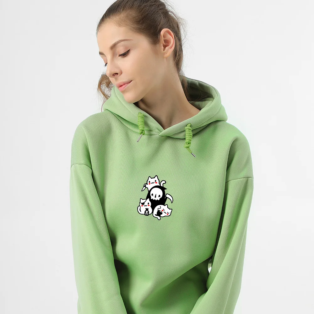 Cartoon Skull Print Sweatshirt Cat Winter Oversized Hoodie Purple Women Gothic Aesthetic Clothing Harajuku Sweetshirt for Girls