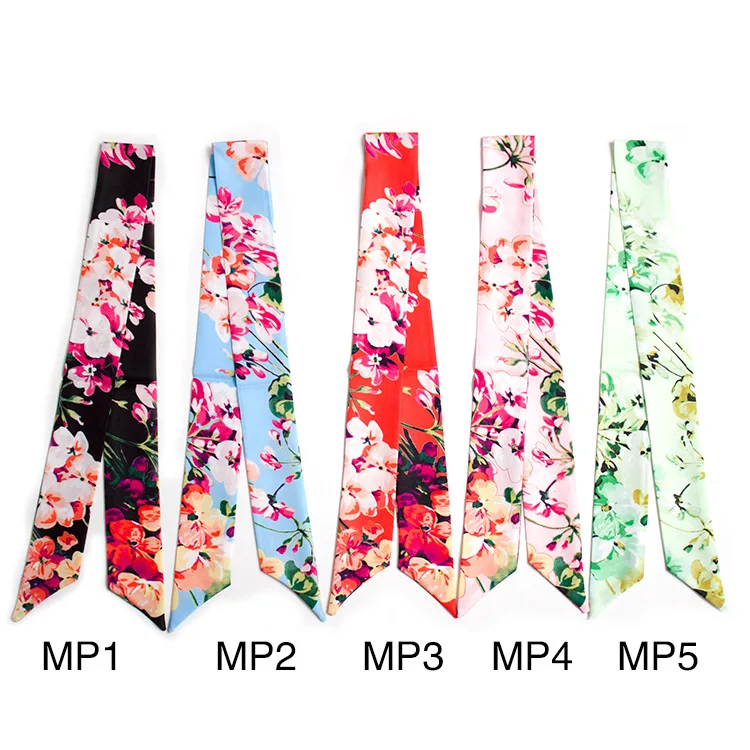 

New Design Geranium Flower Print Woman Twilly Silk Scarf 5*100cm Long Small Head Scarfs Bag Ribbons Fashion Ladies Tie