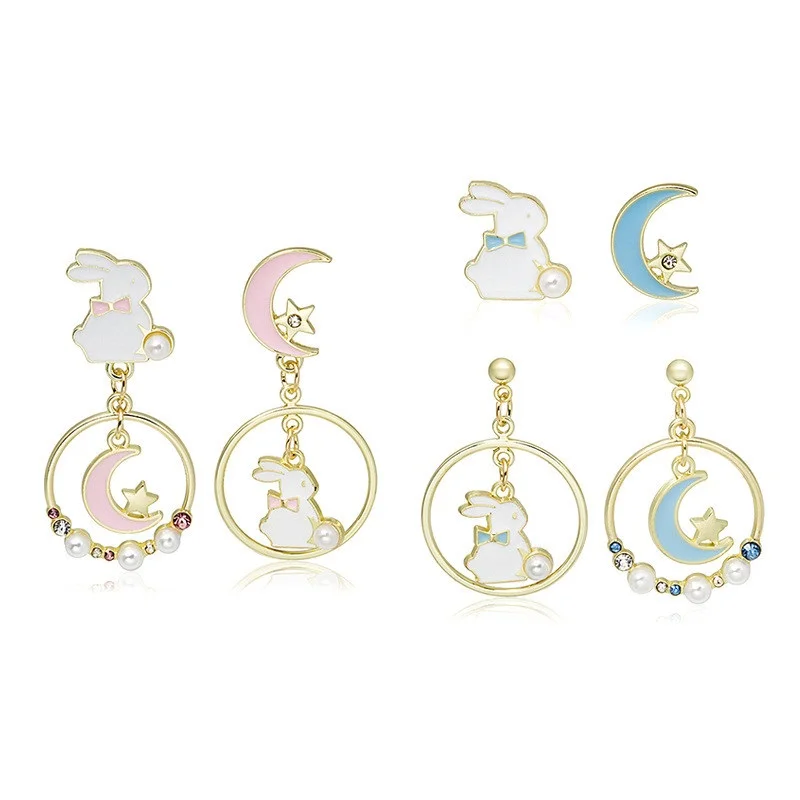 

Cute Enamel Moon Rabbit Pendant Dangle Earring For Fashion Women Girl Animal Star Asymmetry Sweet Drop Ear Jewelry Gifts