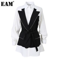 eam women fake two contrast color belt blouse new lapel long sleeve loose fit shirt fashion tide spring autumn 2021 1dd1866
