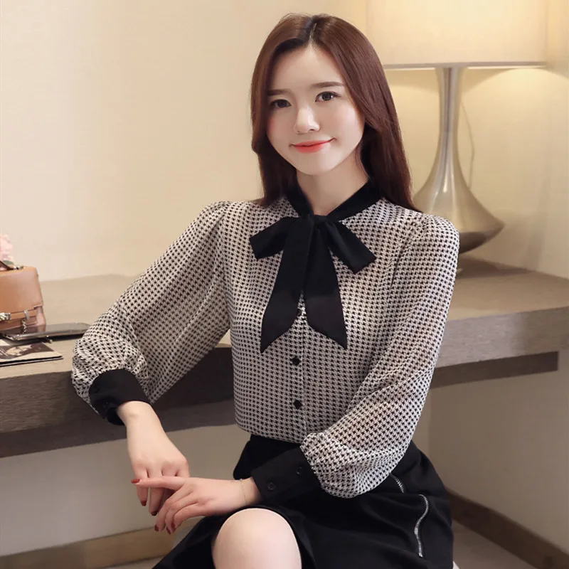 Блузка женская шифоновая в клетку Модная элегантная офисная рубашка с завязкой и