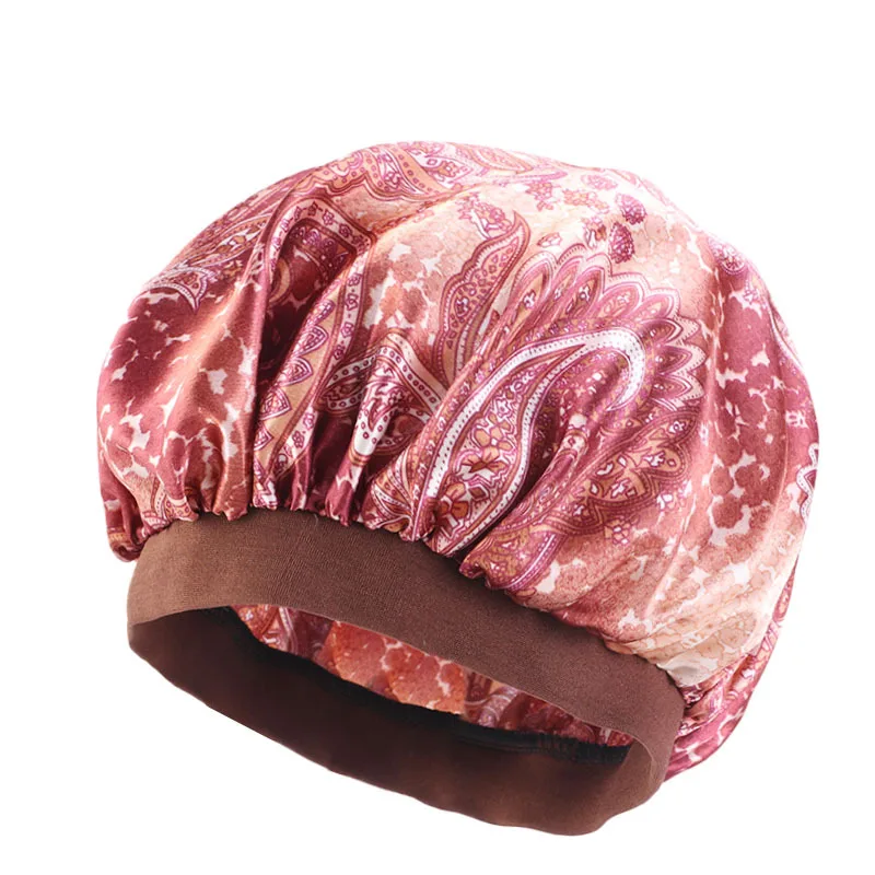 

New Amoeba Satin Elastic Wide-Brimmed Night Sleep Cap Chemotherapy Hat Hair Care Fashion Bonnet Beanie Printing Polyester
