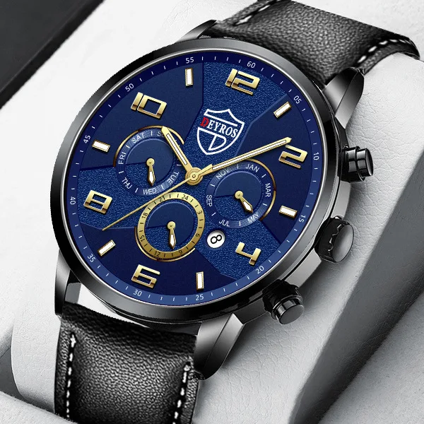 

Мужские часы DEYROS, модные повседневные деловые часы с кожаным ремешком, светящиеся Мужские кварцевые спортивные наручные часы с календарем, мужские часы