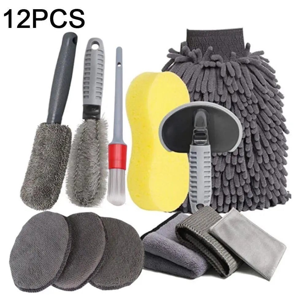 

12Pcs Car Grooming Car Wash Glove Polishing Waxing Sponge Wheel Hub Brush Tire Brush Car Cleaning Microfiber Towel Car Detailing