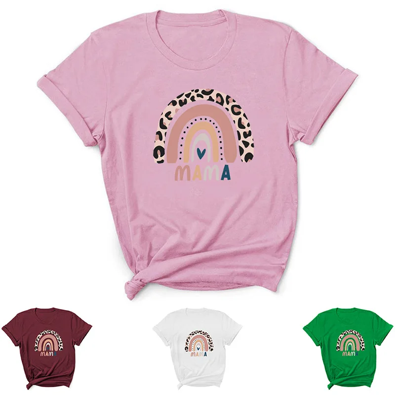 

Leopard Rainbow Mama Letter Print Women T Shirt Short Sleeve O Neck Loose Women Tshirt Ladies Tee Shirt Clothes Camisetas Mujer