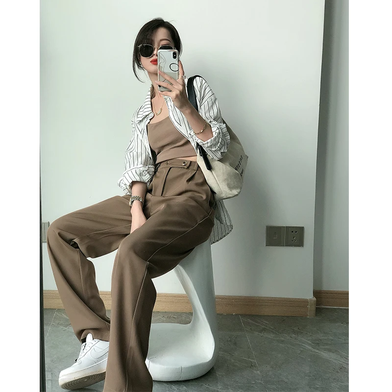 

Limiguyue Summer Loose Long Pants Women High Waist Double Buttons Wide Leg Suit Pants Spring Casual Chain Trousers CaprisK860