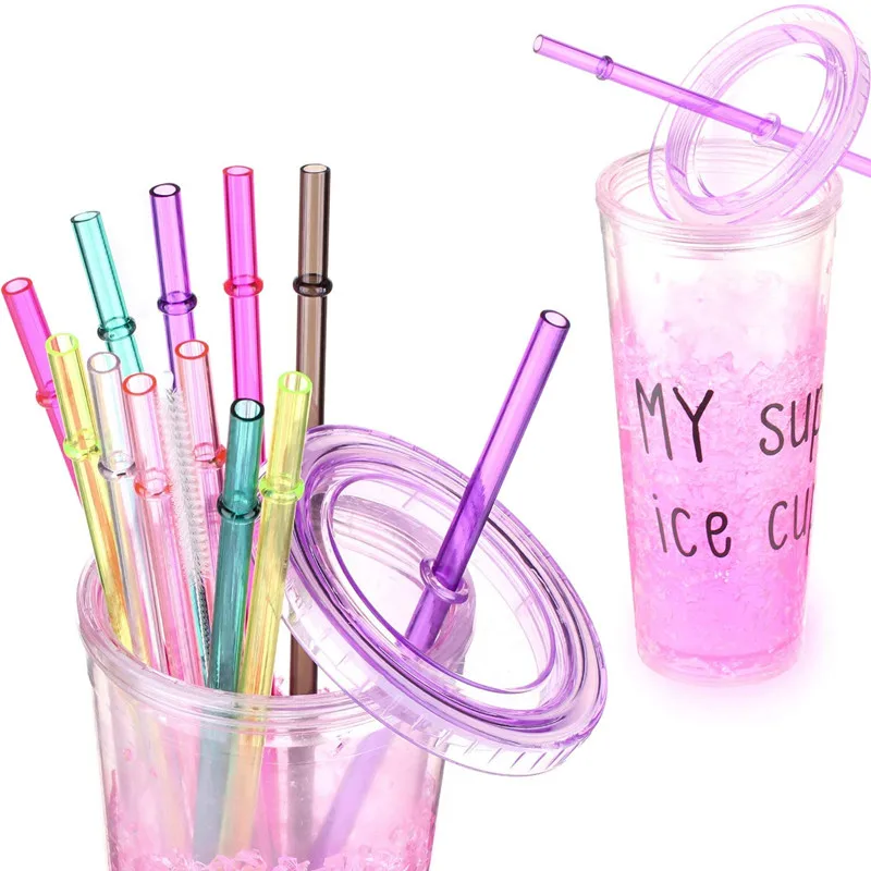 25Pcs Reusable Plastic Straws BPA-Free Rainbow Colored Replacement Hard PP Plastic Drink Straw for Tumblers 9 In Long with Brush