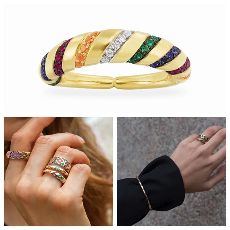 Женское кольцо с Разноцветными полосками из циркония геометрическое манжета