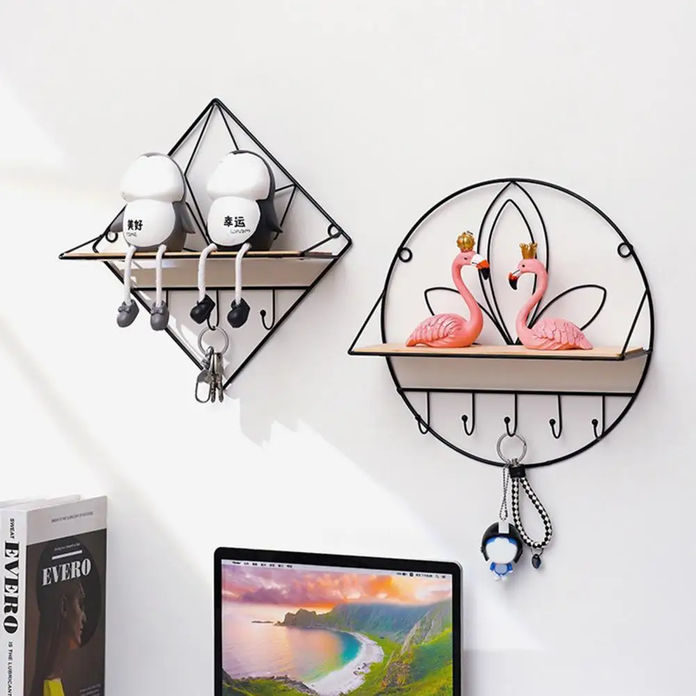

Hot Sales Wall Shelf Multifunctional with Hooks Wrought Iron Creative Storage Rack for Living Room