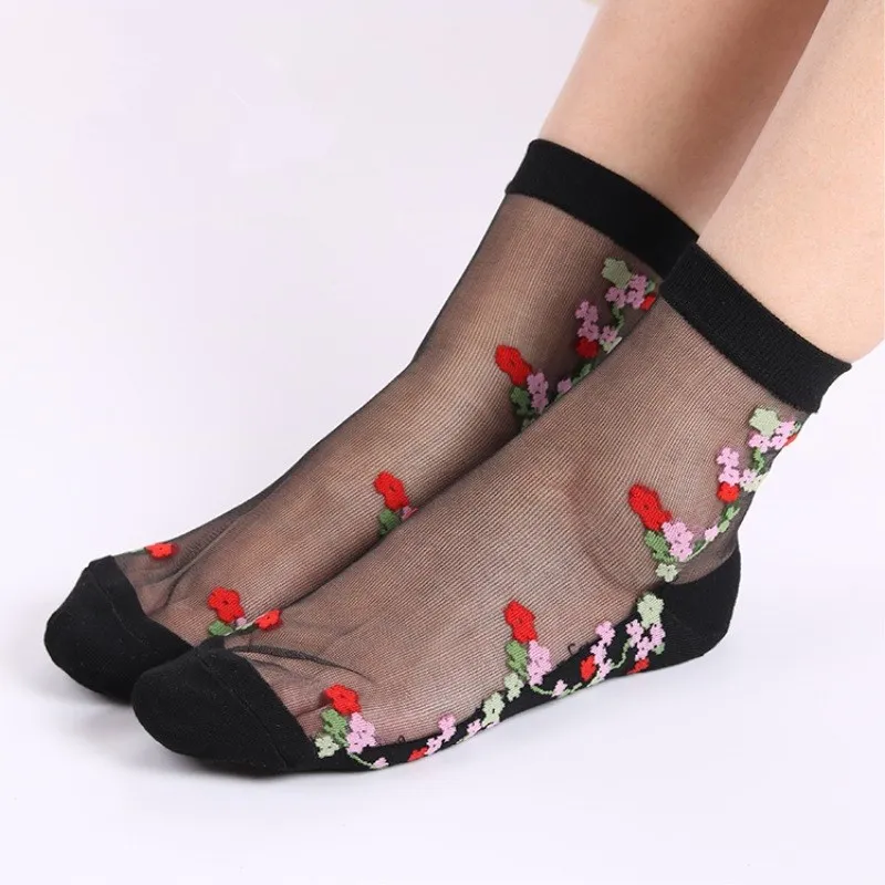 

INDJXND Women Socks Hosiery Elastic Crystal Glass Silk Ultrathin Lace Flower Embroidery 1 Pair Summer Transparent Ankle Length