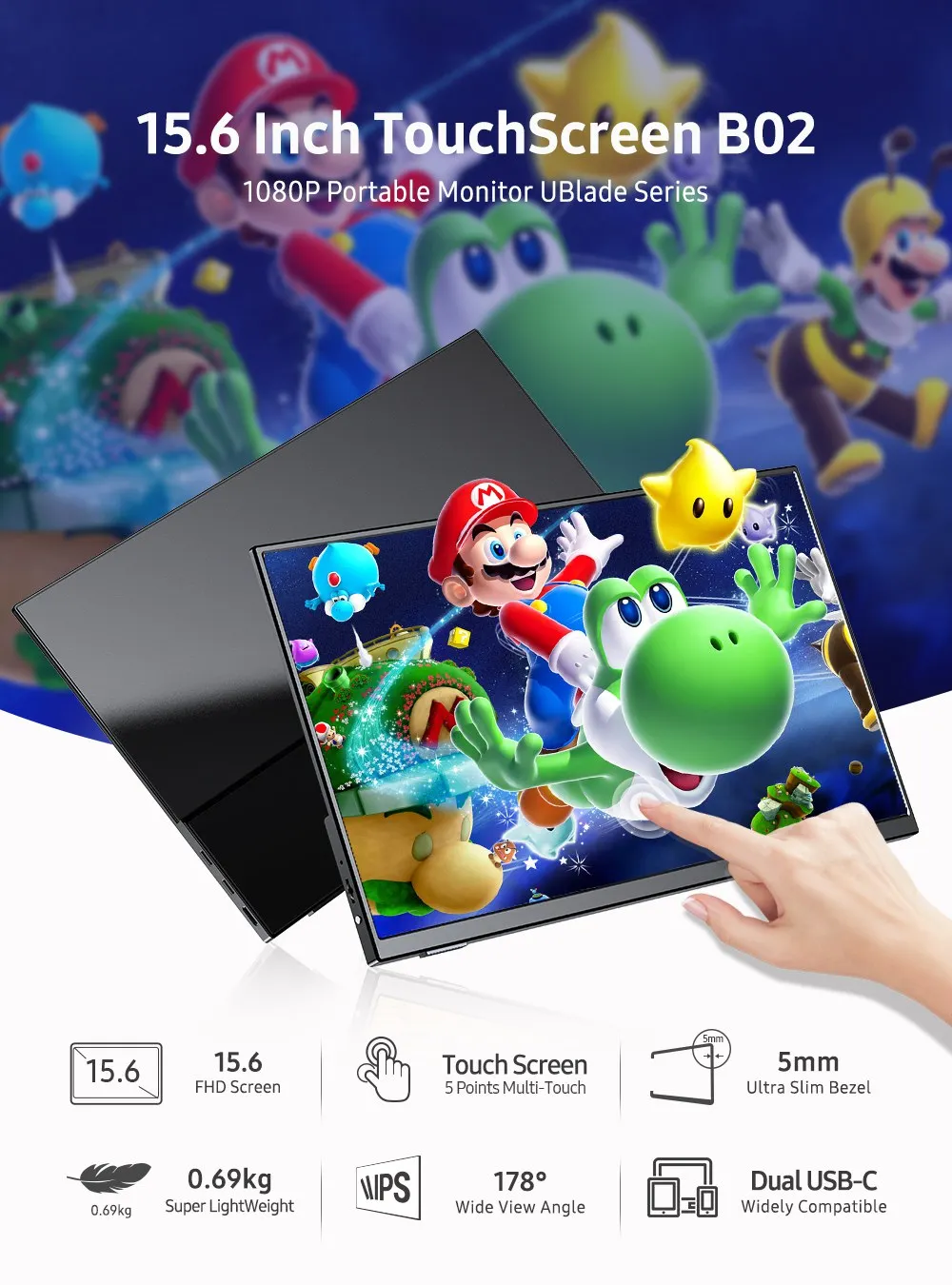 Портативный сенсорный экран EVICIV Switch 15 6 дюйма тонкий легкий 1920x1080 секунды мм 0 24 |