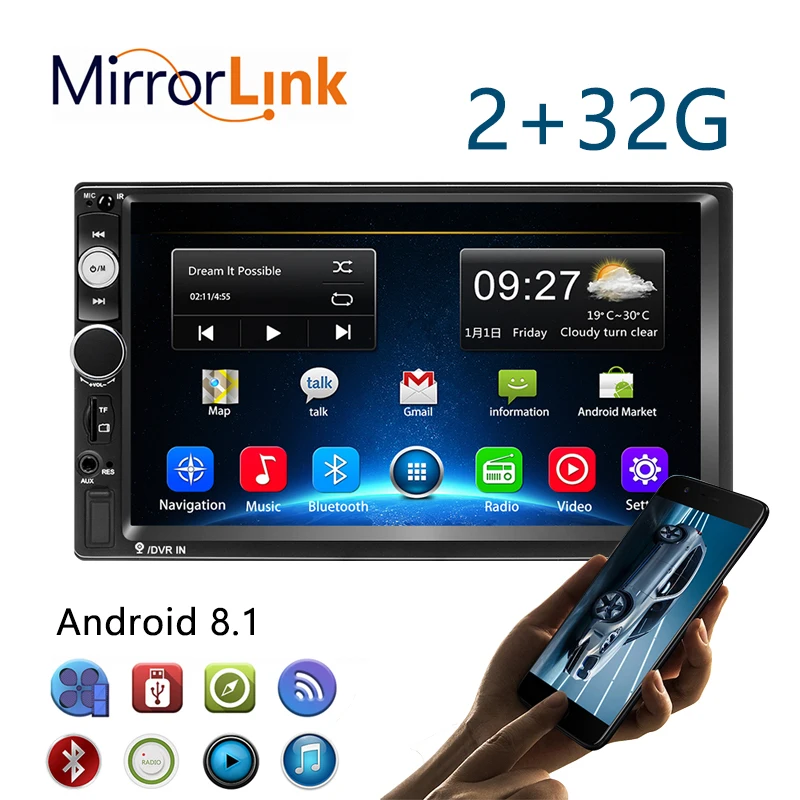 Автомобильный мультимедийный плеер Android 8 1 2 Din 7 '' Mirror link Bluetooth FM Wi Fi AUX GPS