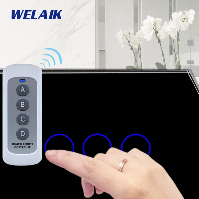 WELAIK UK RF 433MHZ настенный сенсорный выключатель-Кристалл Стекло-панель Переключатель-светодиодный светильник-пульт дистанционного управления-умный-переключатель 3 ганг-1way B1933CW/BR01 - Цвет: Black Circle