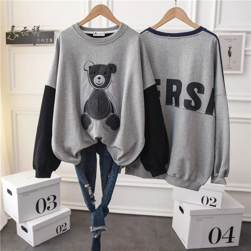 

Plus Size Women's Cotton Terry Pullover Sweatshirt 2021 Spring Long Sleeve Patchwork Cartoon Jumper Sweat Coats for Students