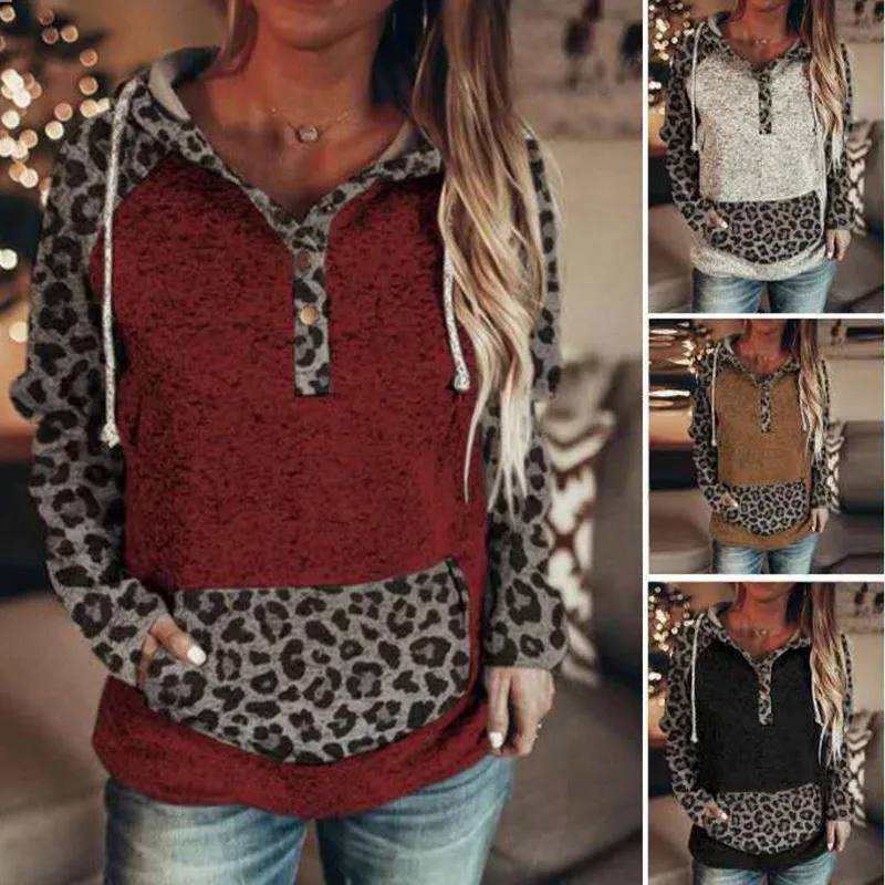 

Leopard Patchwork Front Pocket Lace Lady Hoody For Autumn 2021 Fashion New Long Sleeves Button Outwear Casual Female Hoodies