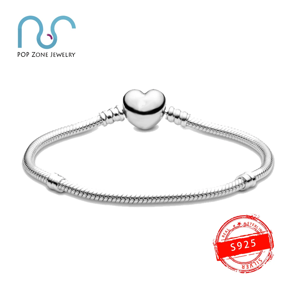

Fit Original Pan Charm Bracelet S925 Sterling Silver Bracelet Heart Shape Silver Snake Chain Bracelet Female Brand Jewelry Gift
