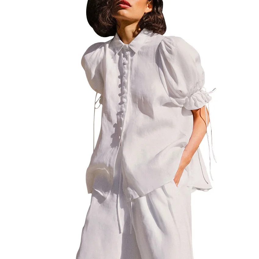 

Autumn Women Loose Puff Sleeve Short Sleeve Shirt Solid Color Pants Two Pieces
