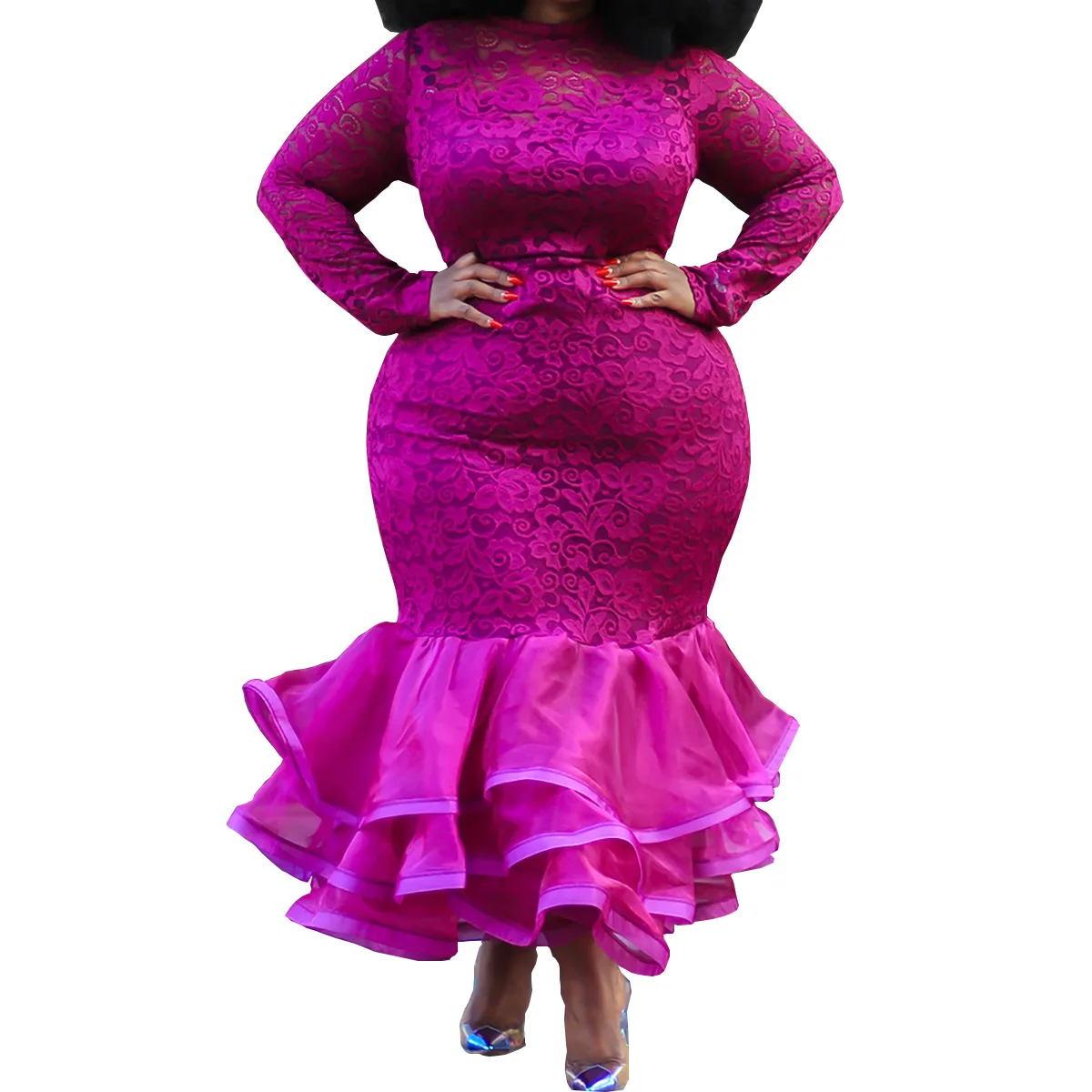 

African Long Dresses For Women Full Sleeve Lace See Through Gown Autumn New Solid Sexy Elegant Mesh Splice African Mermaid Dress